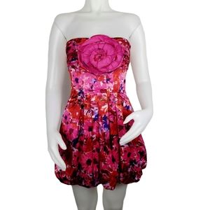 BCBGMaxAzria Pink and Red Strapless Floral Bubble Hem Mini Dress